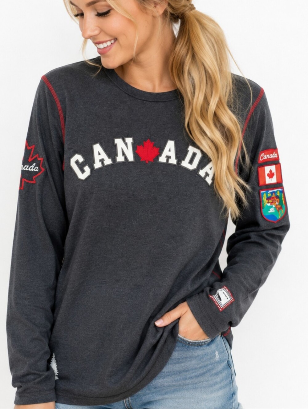 Canada Patch Shirt Graphics Long-Sleeve  Dark Gray/ Red Accents Sz M